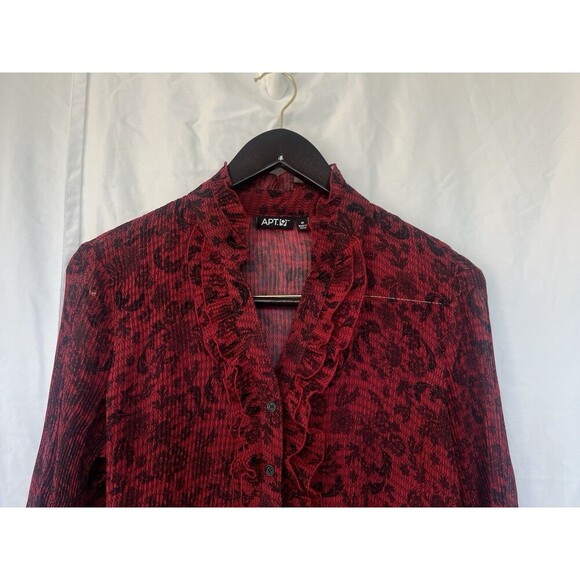Apt. 9 Red Sheer Mesh Button Up Blouse M Floral Bell Sleeve Ruffle Whimsygoth - Picture 2 of 6